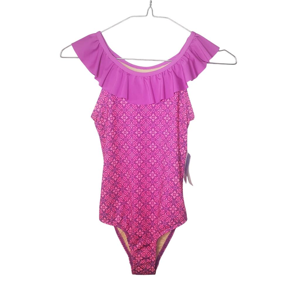 NEW Lands' End One Piece Swimsuit Girls Size 8 Island Orchid Tile Geos Ruffle